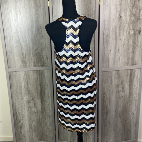 Francesca's Alya black/navy/gold/cream sequins bodycon dress women's L - Picture 6 of 13